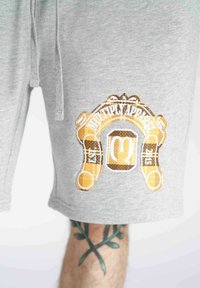 Pantaloni corti in cotone grigio con un logo decorativo ricamato giallo e bianco, con scritte stilizzate ed elementi grafici, posizionato sulla coscia sinistra.