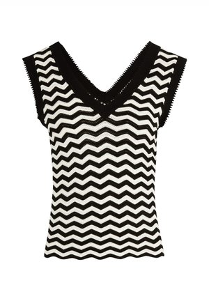 Black and white zigzag patterned knitted top with a V-neck and sleeveless design. Features scalloped edges along the neckline and hem.