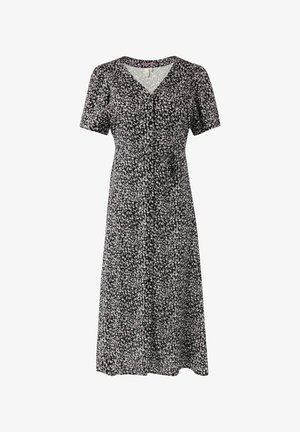 Vestito midi floreale nero con motivi bianchi e rosa, maniche corte a sbuffo, scollo a v e vita increspata per una maggiore definizione della silhouette.