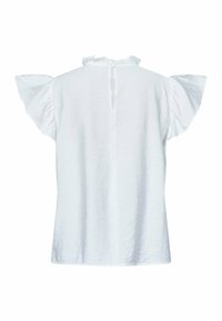 Hvid kortærmet skjorte med flæser på ærmerne og rund halsudskæring. Har en knaplukning bagpå og et struktureret stof.