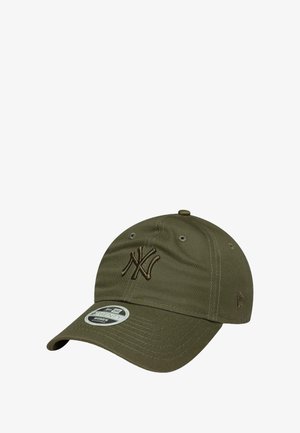 Olive green cap made of cotton with a curved brim, featuring a brown embroidered logo and adjustable back strap. Includes interior label tag.