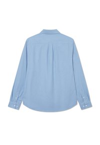 Light blue long-sleeve shirt with a button-down collar, back pleat, and barrel cuffs featuring white buttons, made from a textured fabric.