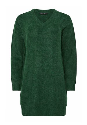 Maglione verde lavorato a maglia con scollo a V, maniche lunghe e un motivo testurizzato. Vestibilità ampia con spacchi laterali per un comfort aggiuntivo.