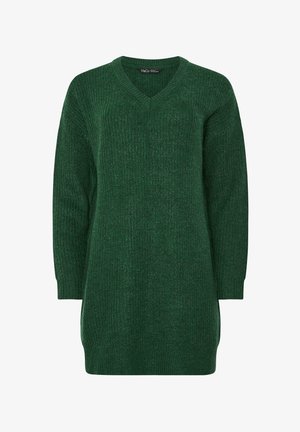 Maglione verde lavorato a maglia con scollo a V, maniche lunghe e un motivo testurizzato. Vestibilità ampia con spacchi laterali per un comfort aggiuntivo.