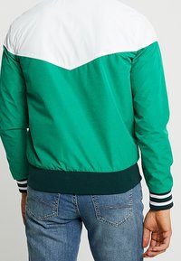 Man i grön och vit jacka med randiga ärmmuddar och blå jeans, visad bakifrån mot en enkel bakgrund.