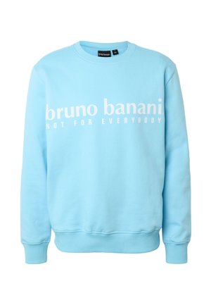 hele hele sinine ümarkaelusega dressipluus valge tekstiga "bruno banani EI OLE IGALEÜHELE" üle rinna, soonikkoes varrukaotsad ja ääred.