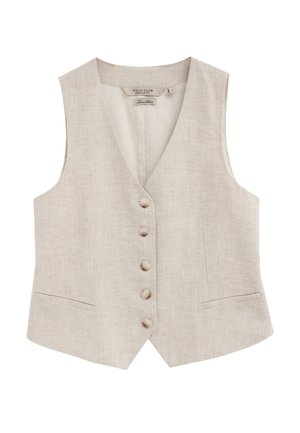 Beżowa lniana kamizelka bez rękawów z dekoltem w serek, pięć guzików z przodu oraz dwie skośne kieszenie, dopasowana do regularnego kroju.