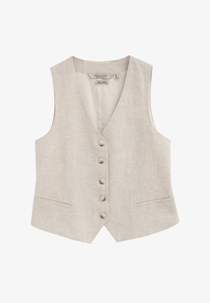 Gilet sans manches en lin beige avec décolleté en V, cinq boutons sur le devant et deux poches fendues, conçu pour une coupe régulière.