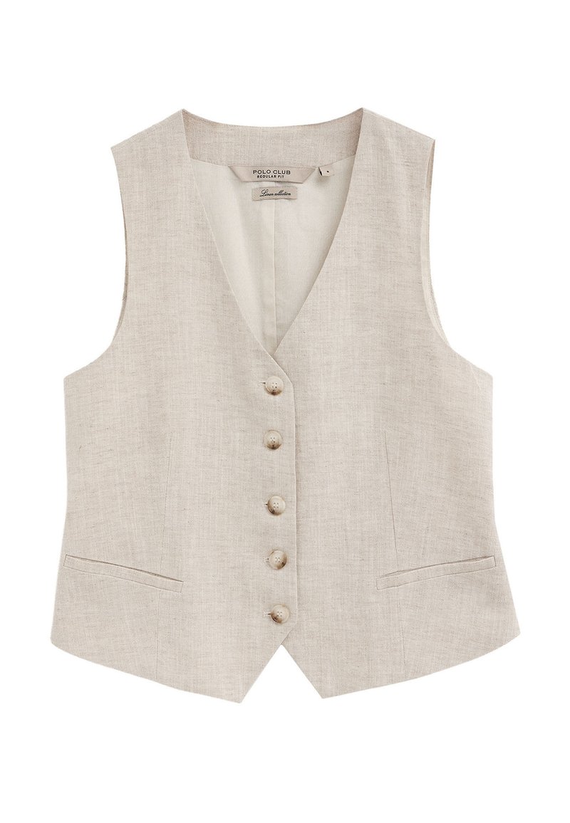 Beżowa lniana kamizelka bez rękawów z dekoltem w serek, pięć guzików z przodu oraz dwie skośne kieszenie, dopasowana do regularnego kroju.