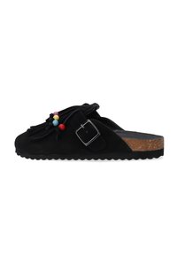 Sort ruskind slip-on klomp med korksål, sølvspænde, frynser og farverige perler på toppen.