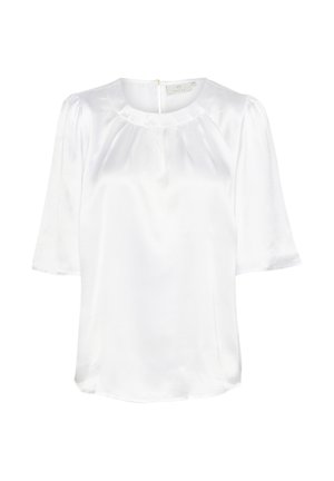Vit satinblus med korta puffärmar och rund halsringning. Har en subtil plisserad design och en liten dragkedja bak.