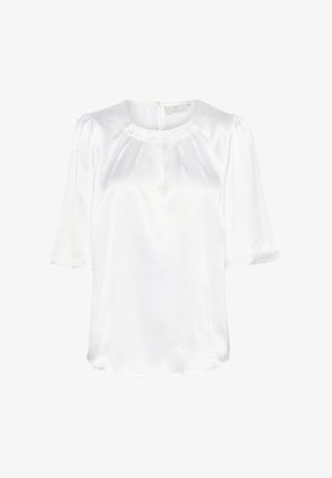 Witte satijnen blouse met korte pofmouwen en een ronde hals. Bevat een subtiele geplooide structuur en een kleine rits op de achterkant.