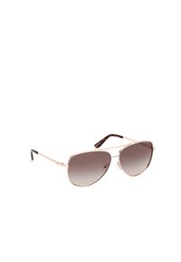 Ochelari de soare aviator cu lentile gri graduat, ramă din metal de culoare roz aurie și vârfuri de brad cu model în nuanțe de tartă maro.