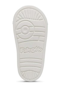 Witte rubberen zool met gestructureerde grip, met ronde patronen, concentrische cirkels en de merknaam "Falcotto" in reliëf. Maat 19.