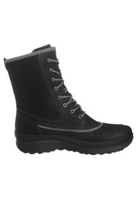 Bottes montantes noires avec une tige en tissu texturé, des œillets en métal et une semelle en caoutchouc. Dotées d'un embout renforcé et d'un col rembourré pour plus de confort.