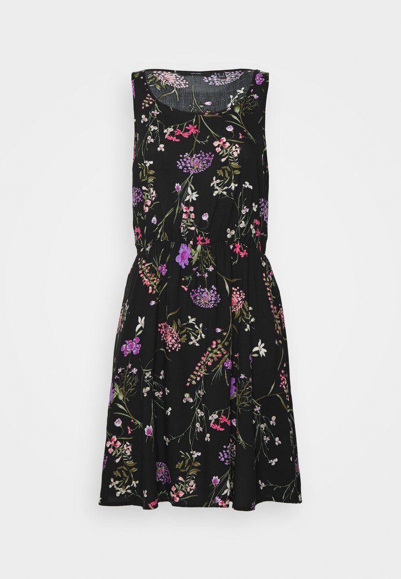 Robe noire sans manches avec une taille cintrée, présentant un motif floral dans des tons de violet, rose et blanc avec des tiges et des feuilles vertes.