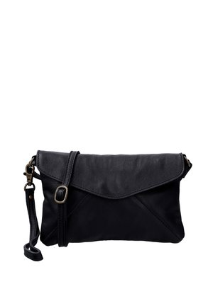 Black leather clutch bag with a fold-over flap, adjustable strap, and textured surface; features gold-tone hardware accents.
