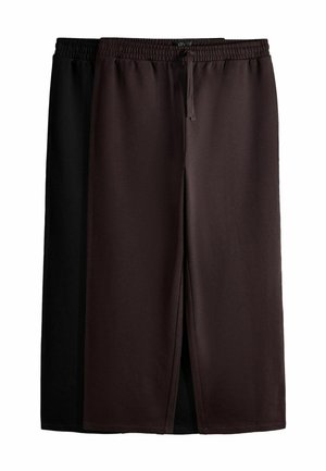 Zwei Paar schlichte Sweatpants mit geradem Bein in Dunkelbraun und Schwarz mit elastischem Bund und Kordelzug, flach gefaltet dargestellt.