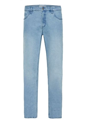 Ljusblå denimjeans med rak passform, fem fickor och knap stängning. Slät struktur med lätt blekning.