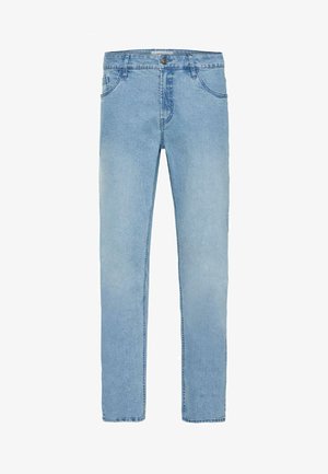 Ljusblå denimjeans med rak passform, fem fickor och knap stängning. Slät struktur med lätt blekning.