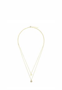 Guldtonad lagerhalsband med två kedjor; en med en stjärnpend och den andra med en cirkulär, texturerad pendel.