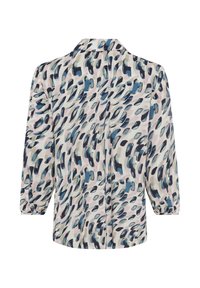 Bluse im Leopardenmuster mit langen Ärmeln, aus weichem Stoff in Pastellfarben – Blau, Beige und Schwarz – mit rundem Kragen und lässiger Passform.
