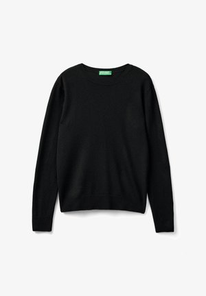 Schwarzer Pullover aus weichem Stoff, mit Rundhalsausschnitt, langen Ärmeln, gerippten Bündchen und Saum. Keine sichtbaren Muster oder Verzierungen.