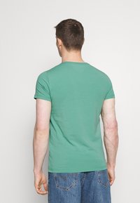 Vihreä puuvillatee paita, jossa on lyhyet hihat ja pyöreä pääntie. Takakuvassa näkyy sileä tekstuuri ja kevyt venyvyys. Yhdistettynä sinisiin farkkushortseihin.