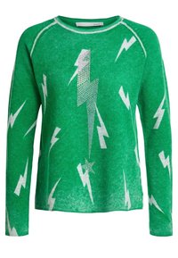 Pull en tricot vert avec un motif d'éclair blanc, doté d'un col rond et de manches longues. Comprend des détails en strass sur le design.