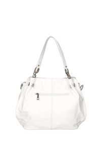 Borsa a mano in pelle bianca con accessori in argento, due manici piatti corti e una tasca con zip frontale. Texture morbida e forma arrotondata.