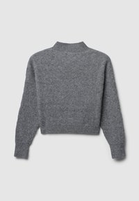 Gray, cropped sweater with a textured knit finish, featuring a high neckline and long sleeves. Material appears soft and warm.