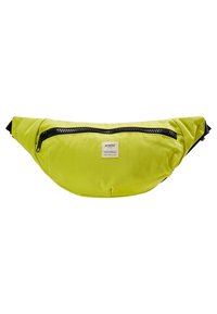 Banane jaune-vert vif avec une fermeture éclair noire unique et une petite étiquette avant portant l'inscription "anello" sur fond blanc.