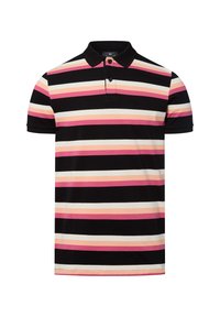 Polo con righe orizzontali in nero, rosa, pesca e bianco. Realizzato in tessuto morbido con colletto classico e pattina con due bottoni.