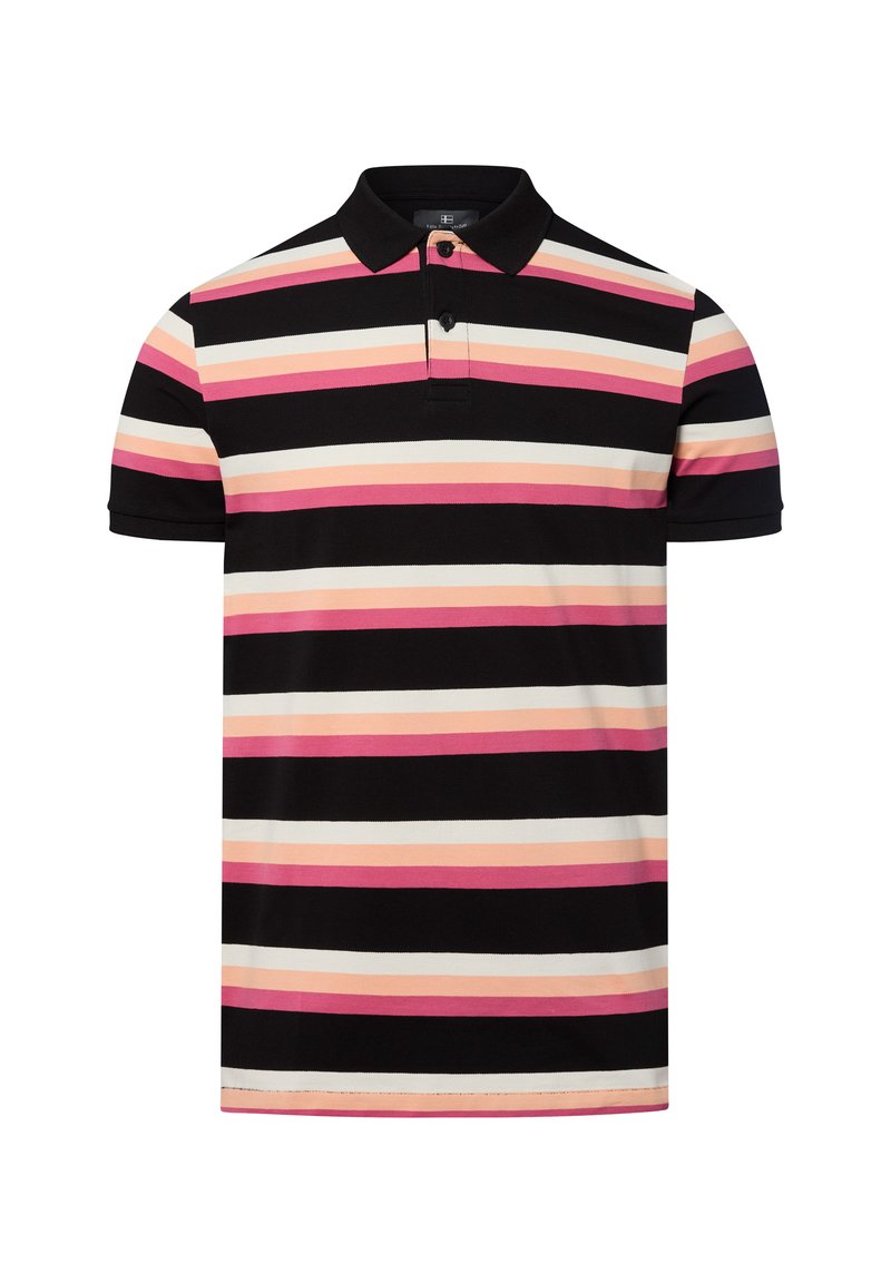 Polo con righe orizzontali in nero, rosa, pesca e bianco. Realizzato in tessuto morbido con colletto classico e pattina con due bottoni.