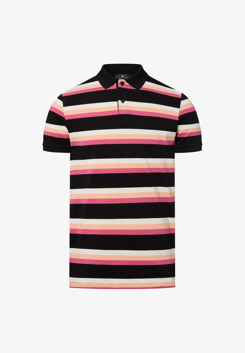 Polohemd mit horizontalen Streifen in Schwarz, Rosa, Pfirsich und Weiß. Gefertigt aus weichem Stoff mit klassischem Kragen und zweireihiger Knopfleiste.