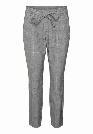 Pantalon fuselé gris à carreaux avec taille haute et ceinture nouée à l’avant, avec plis et poches latérales.