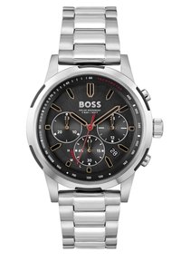 Reloj cronógrafo de acero inoxidable plateado con una esfera negra, acentos dorados, manecillas rojas, tres subesferas y pantalla de fecha. Movimiento solar.