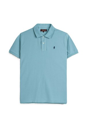 Polo azzurro chiaro a maniche corte con due bottoni e piccolo logo ricamato blu scuro sul petto sinistro.