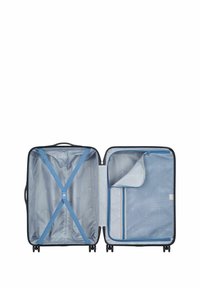 Valigia nera con interno blu, dotata di un scomparto con zip, tracolla regolabile e rivestimento testurizzato. Aperta e progettata per una facile organizzazione.