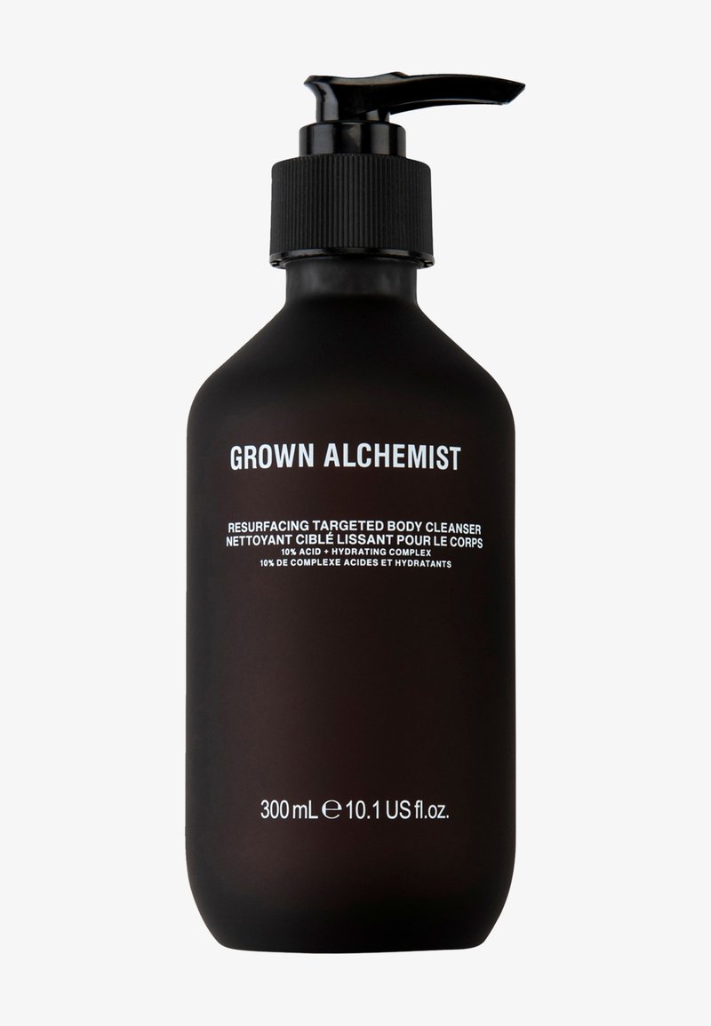 Flacon noir de pompe Grown Alchemist de nettoyant corporel ciblé resurfaçant, 300 ml, avec 10 % d'acide et complexe hydratant.