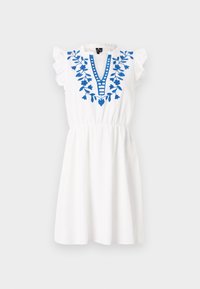 Λευκό φόρεμα με κοντά φουσκωτά μανίκια, διακοσμημένο με μπλε φλοράλ κέντημα και σχέδιο σε σχήμα V. Ελαστική μέση και φούστα μέχρι το γόνατο.