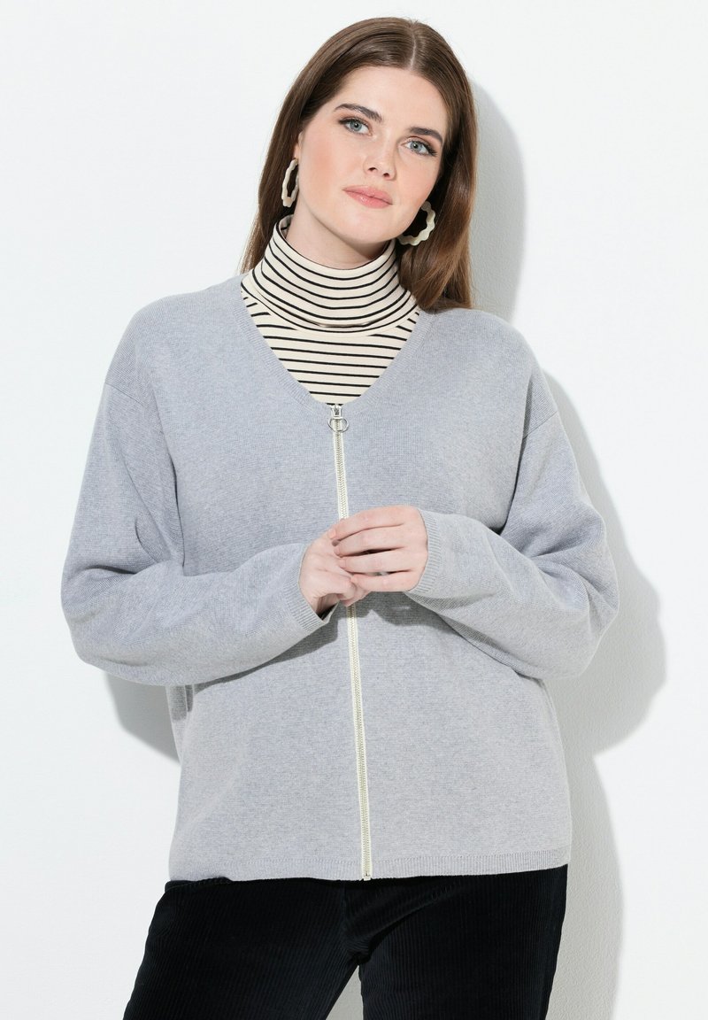 Cardigan grigio con zip e scollo a V, caratterizzato da maniche lunghe e una texture morbida. Sotto, un dolcevita a righe in bianco e nero.