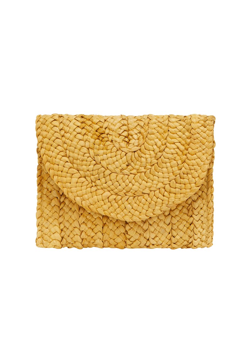Vävd halmstuv i gult, med en rundad lock och strukturerat mönster, som visar på intrikat flätning och rektangulär form.