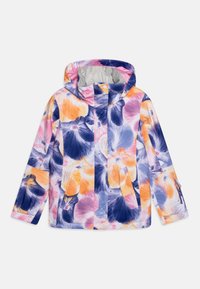 Färgglad jacka med blommönster i nyanser av rosa, lila och orange. Har en huva och fickor, tillverkad i ett mjukt, lätt material.