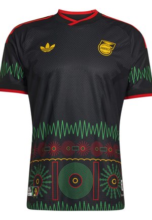 Maglia da calcio nera con rifiniture rosse, stemma giallo della Jamaica Football Federation, logo Adidas e motivi grafici verdi e rossi a onde sonore e dischi.