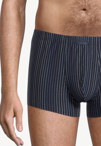 Marineblauwe gestreepte boxershorts met verticale lichtblauwe en witte strepen, voorzien van een elastische tailleband en een snug fit.