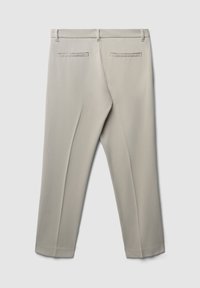 Pantaloni beige chiaro realizzati in un tessuto liscio, con un taglio dritto, quattro tasche e un retro pulito senza decorazioni.