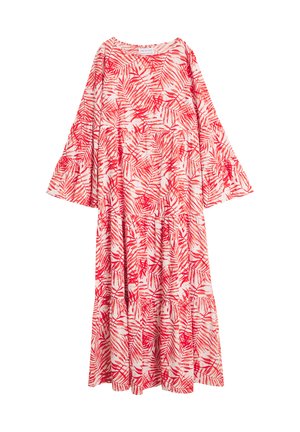 Rød og hvit langkjole med bladmønster, med utsvingte ermer og lagdelt design, laget av lett stoff.