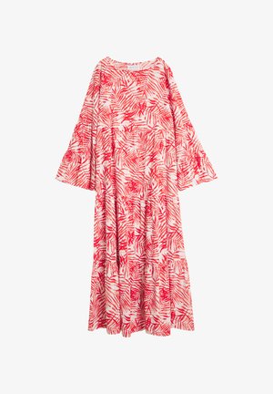 Rød og hvit langkjole med bladmønster, med utsvingte ermer og lagdelt design, laget av lett stoff.