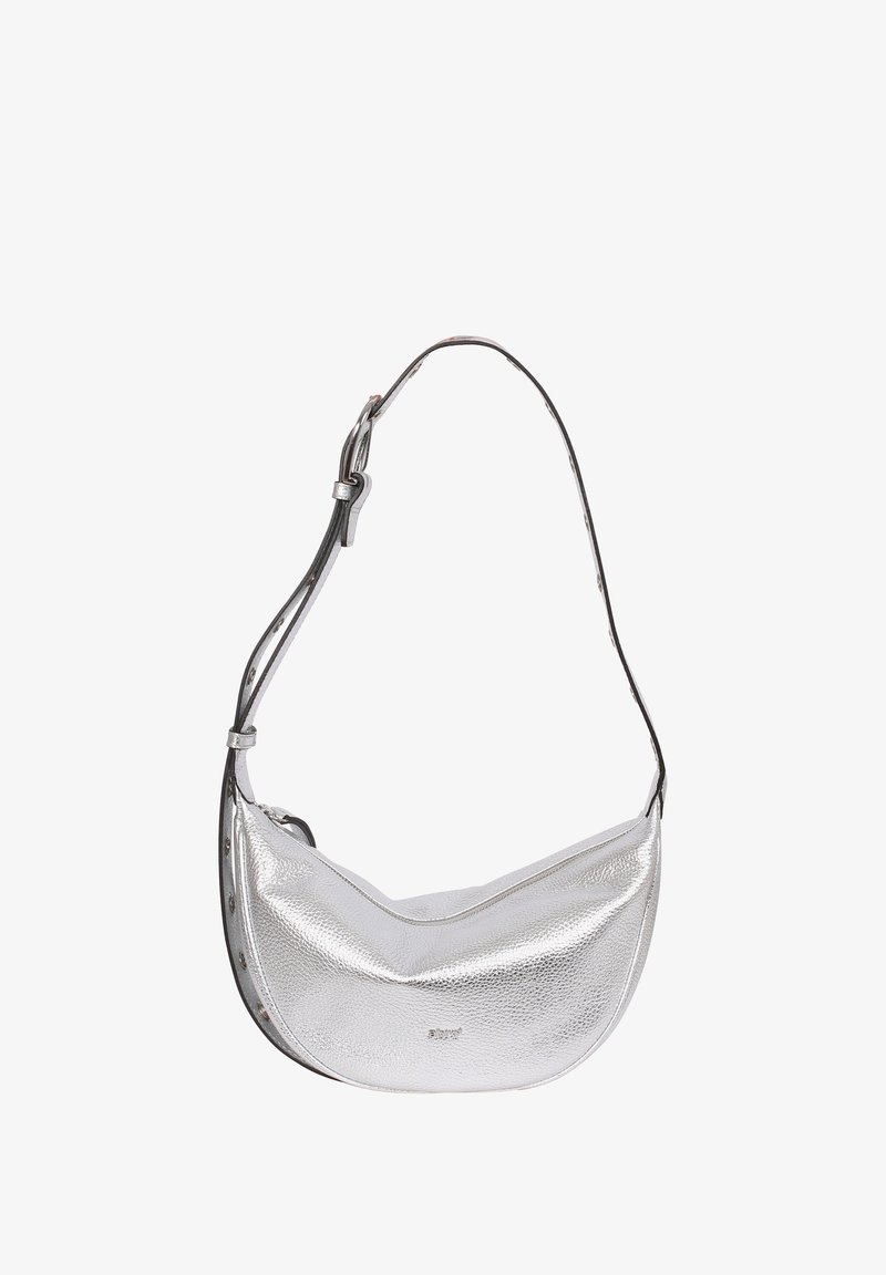 Silver leather shoulder bag with a curved shape, textured surface, and adjustable strap featuring metal hardware and stitching details.
